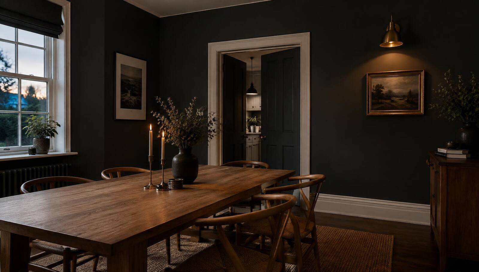 Dining room with deep charcoal painted walls and white woodwork (illustrative image)